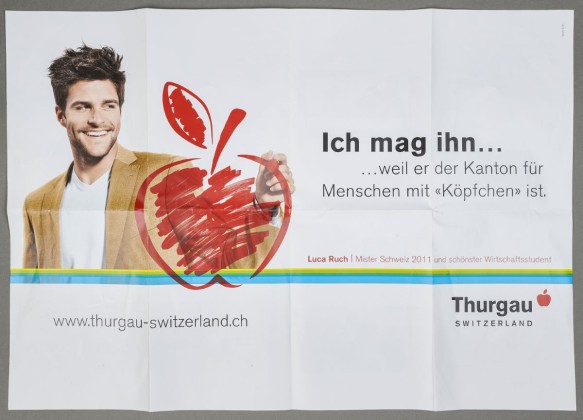 Plakat der Kampagne «Ich mag ihn...» im Grossraum Zürich zur Förderung des Kantons Thurgau als Wohn-, Arbeits- und Wirtschaftskanton, unterstützt von prominenten Thurgauer Persönlichkeiten wie Luca Ruch, Mister Schweiz 2011